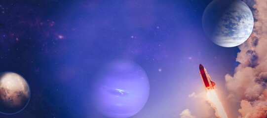 shuttle launch in the clouds to outer space. Dark space with stars on background.Spaceship flight. Elements of this image furnished by NASA