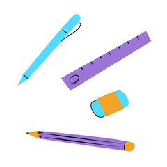 Office and school supplies on white background. Pen, pencil, eraser, ruler. Back to school. Vector illustration