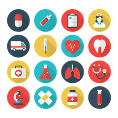 medicine and healthcare on circles hospital symbol with long shadow. Pharmacy and hospital sign. vector illustration in flat style modern design.