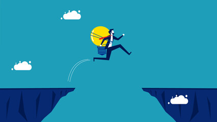 Knowledge helps overcome risks and obstacles. businessman with a light bulb jumps over the gap. vector illustration