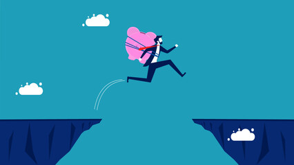 Risks and obstacles of saving investment money. businessman with a piggy bank jumps over the gap. vector illustration