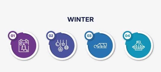 infographic element template with winter outline icons such as christmas day, bauble, sledge, fur coat vector.