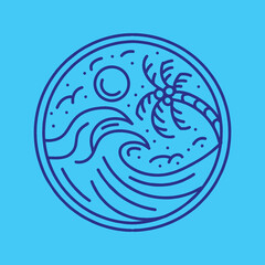 Summer Beach illustration Monoline Vector, Blue Wave vintage badge, creative emblem Design For T-shirt Design