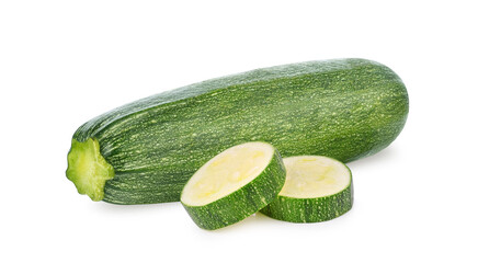 Whole and slices zucchini isolated on white background.