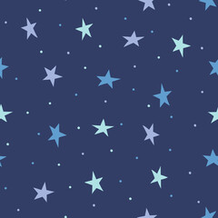 Seamless pattern with dots and stars on the blue background. Abstract star background. Vector repeated design for kids fabric.