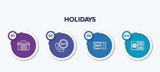 infographic element template with holidays outline icons such as digital camera, hotel phone, boarding card, open passport vector.