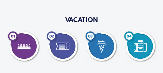 infographic element template with vacation outline icons such as waiting room, fly ticket, icecream cone, travelling handle bag vector.