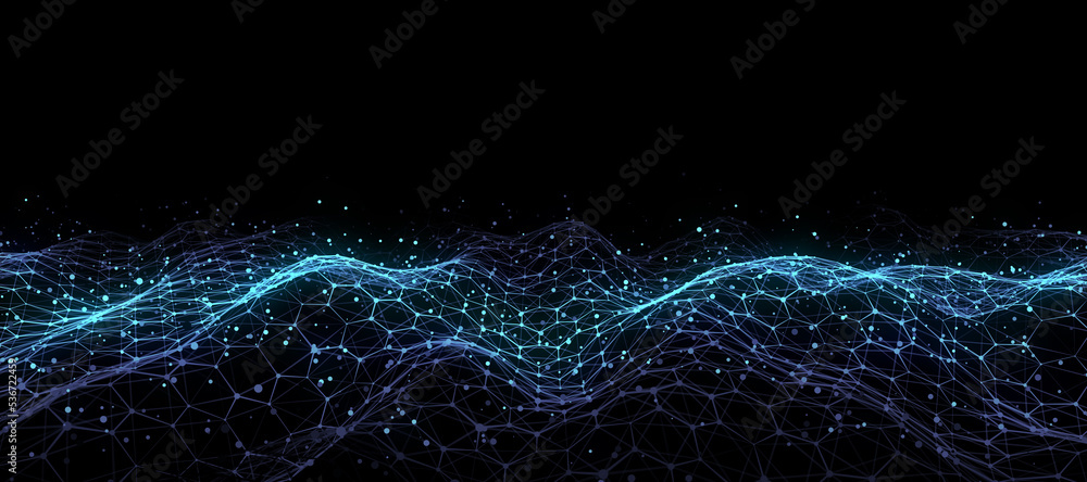 Fototapete Blue hexagon wave of particles and lines. Big data visualization. Abstract background with a dynamic wave. 3d rendering.