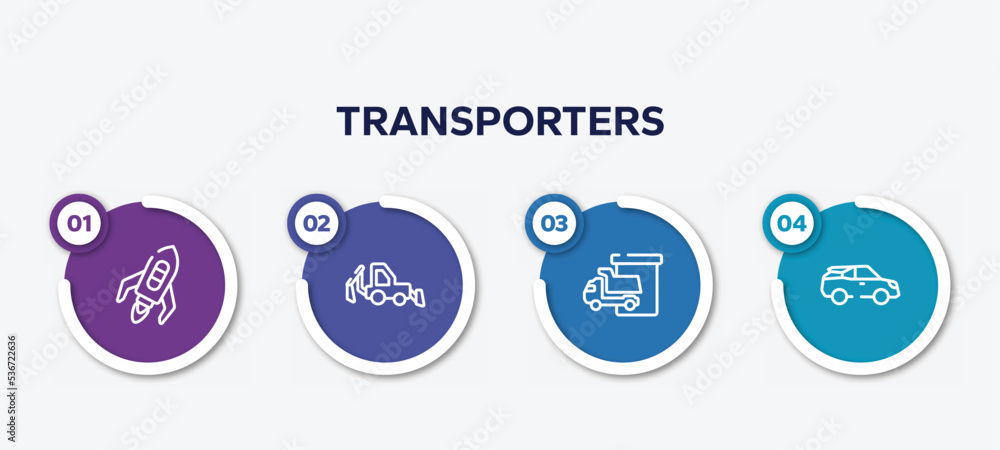Poster infographic element template with transporters outline icons such as flying rocket, backhoe, loading