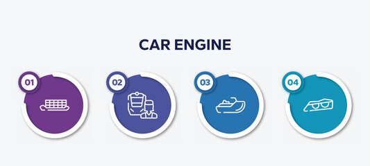 infographic element template with car engine outline icons such as container ship side view, train operator, sea scooter, car lights vector.