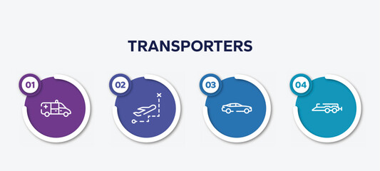 infographic element template with transporters outline icons such as ambulance side view, direct flight, car side view, car trailer vector.