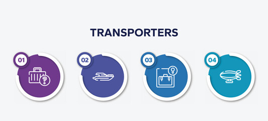 infographic element template with transporters outline icons such as lost and found, yacht side view, left luggage, airship side view vector.