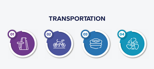 infographic element template with transportation outline icons such as road trip, road bike, pilot hat, ship propeller vector. © VectorStockDesign