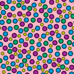 Abstract seamless pattern with colorful voluminous different balls on pink.Illustration of overlapping colorful dots pattern for background abstract ornament.For invitation,flyer,banner,textile,fabric
