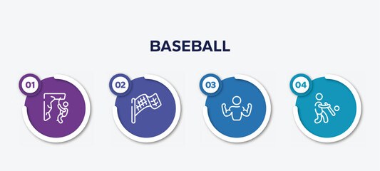 infographic element template with baseball outline icons such as abseiling, checkered flag, bodybuilder, batter vector.