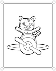 Cute cat flying on a plane, suitable for children's coloring page vector illustration