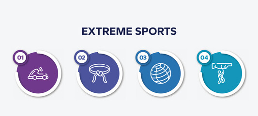 infographic element template with extreme sports outline icons such as go kart, belts, fitness ball, rappel vector.