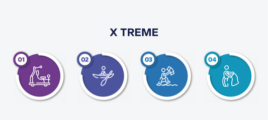 infographic element template with x treme outline icons such as gym station, kayaking, kitesurfing, bullfight vector.
