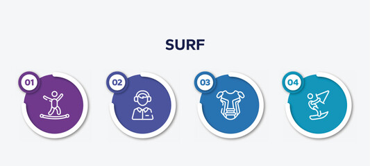 infographic element template with surf outline icons such as highlining, sport commentor, chest guard, kitesurf vector.