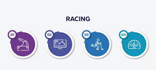 infographic element template with racing outline icons such as handbrake, telemetry, bowman, kmh vector.