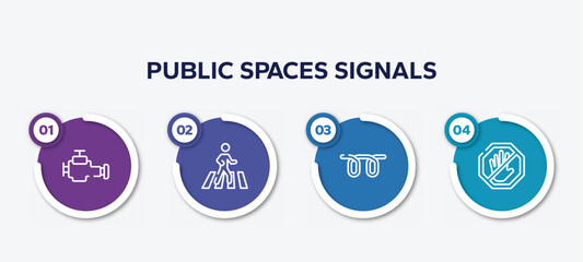 infographic element template with public spaces signals outline icons such as malfunction indicador, crossing, glowplug, no push vector.