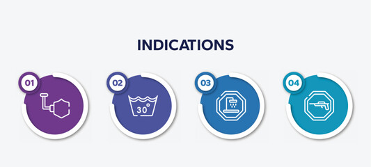 infographic element template with indications outline icons such as shield, 30 degree laundry, shower place, hunting zone vector.