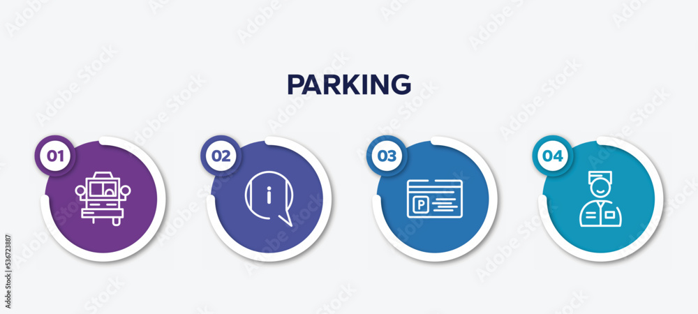 Poster infographic element template with parking outline icons such as bus front with driver, information, 