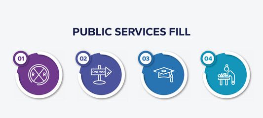 Fototapeta premium infographic element template with public services fill outline icons such as railroad crossing, one way street, graduate cap, baby changer vector.