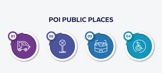 infographic element template with poi public places outline icons such as autorickshaw, no stopping, big stadium, wheelchair side view vector.