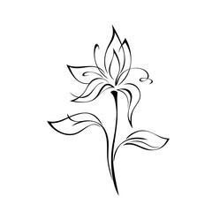 one stylized blooming flower on a short stem with leaves. graphic decor