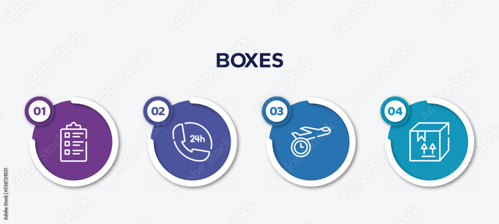 Poster infographic element template with boxes outline icons such as packing list, 24 hours phone service, 