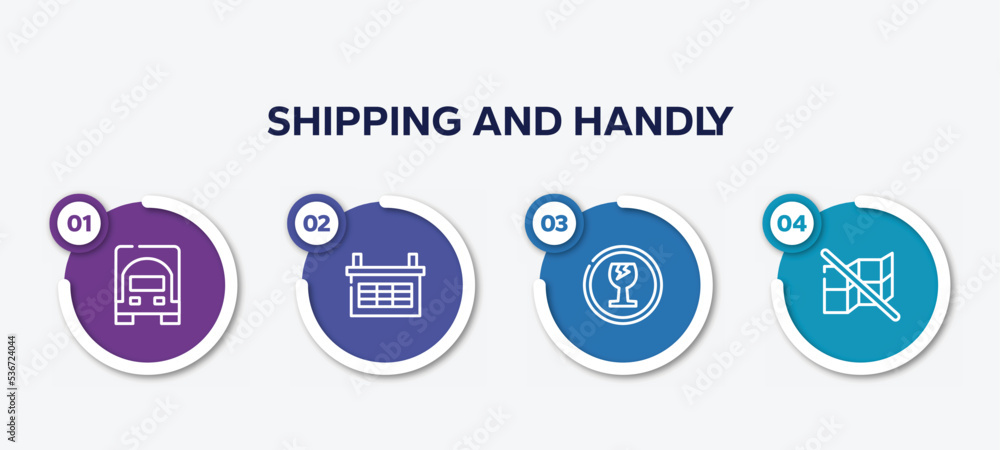 Poster infographic element template with shipping and handly outline icons such as frontal truck, organizin