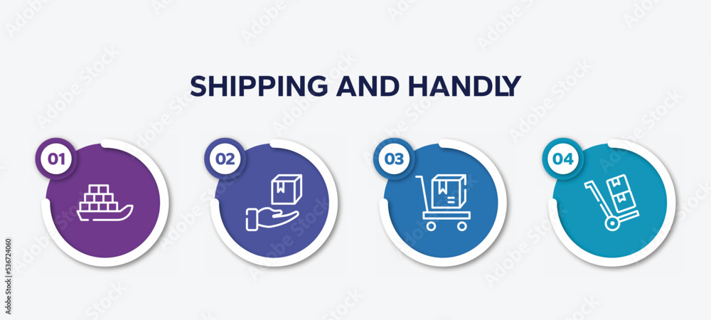 Poster infographic element template with shipping and handly outline icons such as sea ship with containers