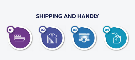 infographic element template with shipping and handly outline icons such as sea ship, stack in deposite, delivery insurance, put in box vector.