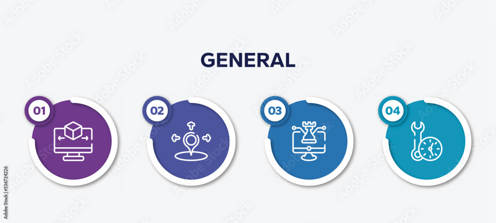 Poster infographic element template with general outline icons such as 3d modeling, coordinate, digital str