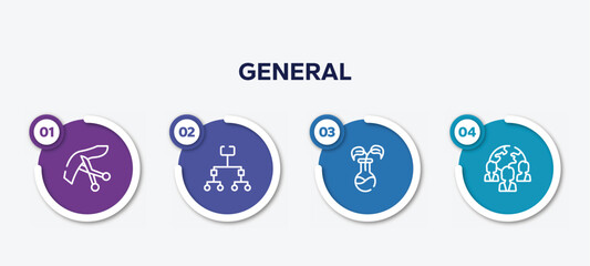 infographic element template with general outline icons such as inauguration, information architecture, bio technology, team vector.