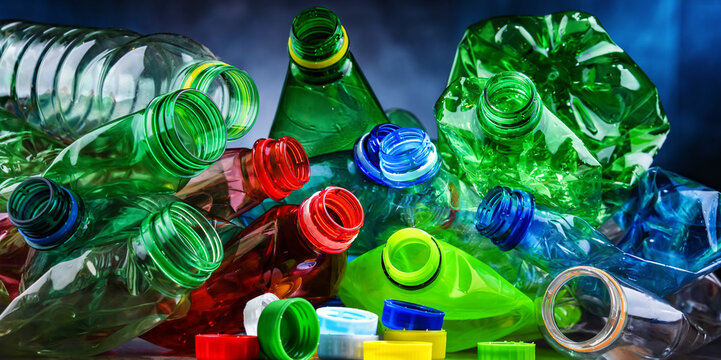 Empty colored drink bottles. Recyclable plastic waste