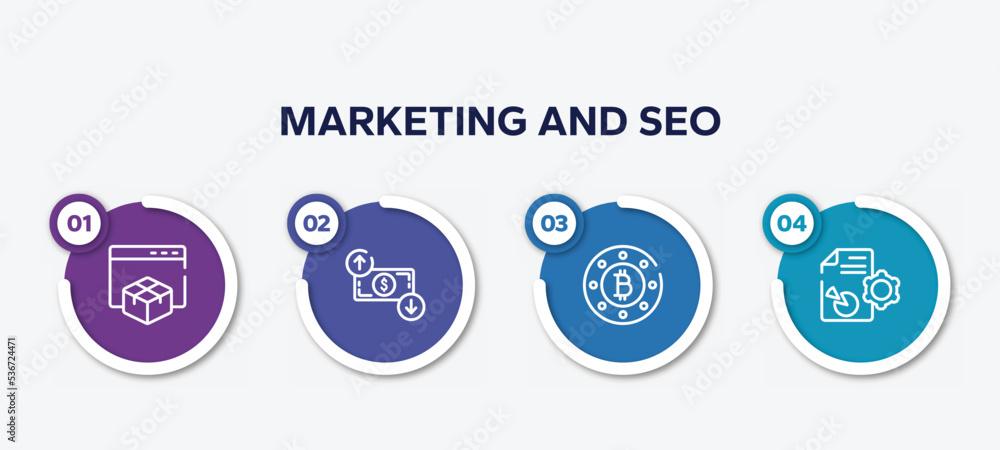Aufkleber infographic element template with marketing and seo outline icons such as web package, dollar rates,