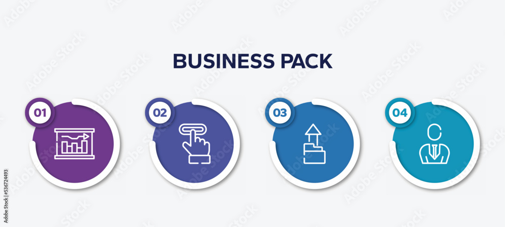 Poster infographic element template with business pack outline icons such as graphical report, subscription