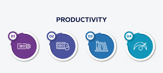 infographic element template with productivity outline icons such as seo label, seo tag, calibre, velocity vector.