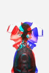 Man is using virtual reality headset. Image with double color exposure effect.