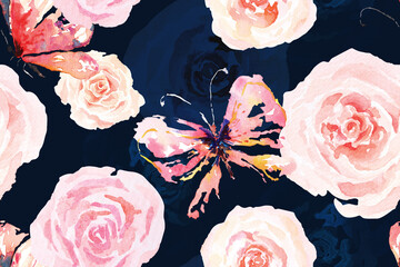 Rose and butterfly seamless pattern with watercolor on blue background.Designed for fabric luxurious and wallpaper, vintage style.Hand drawn floral pattern illustration.Rose garden.