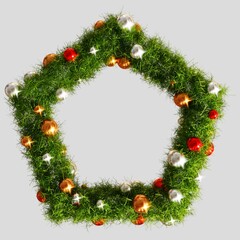 Fototapeta na wymiar Beautiful christmas wreath pentagon frame on transparent background, top view with pace for text (3D Rendering)