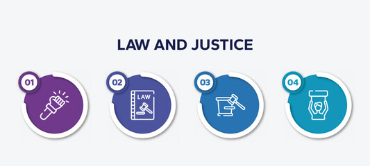 infographic element template with law and justice outline icons such as violence, constitutional law, court trial, civil rights vector.