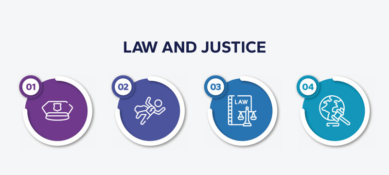 infographic element template with law and justice outline icons such as police cap, crime scene, labour and social law, diploy vector.