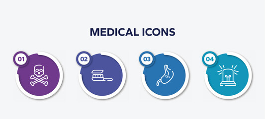 infographic element template with medical icons outline icons such as skull and crossbones, brush with tooth paste, esophagus, emergency light vector.