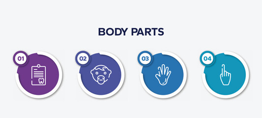 infographic element template with body parts outline icons such as note on a clipboard, baby face, hand showing palm, hand gesture raising the index finger vector.