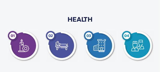 infographic element template with health outline icons such as candle flower, patient in hospital bed, hospital with three floors, two nurses vector.