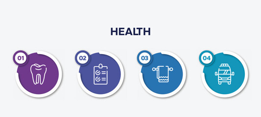 infographic element template with health outline icons such as molar, checked list, cloth towel, frontal ambulance vector.