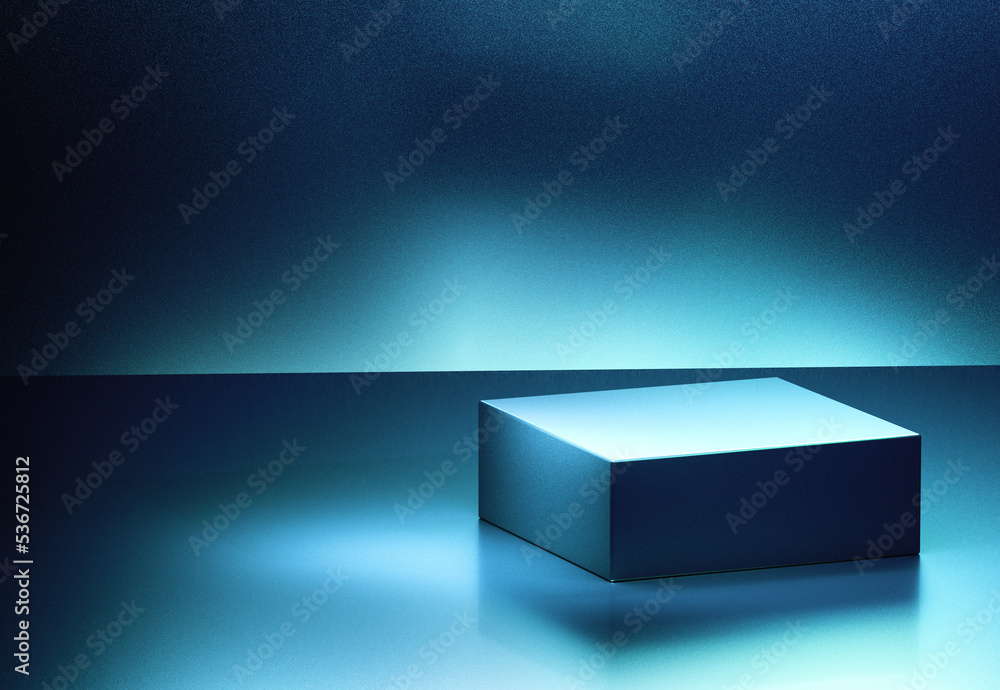 Poster empty blue square podium in aurora background theme. 3d computer graphic template of displaying plac